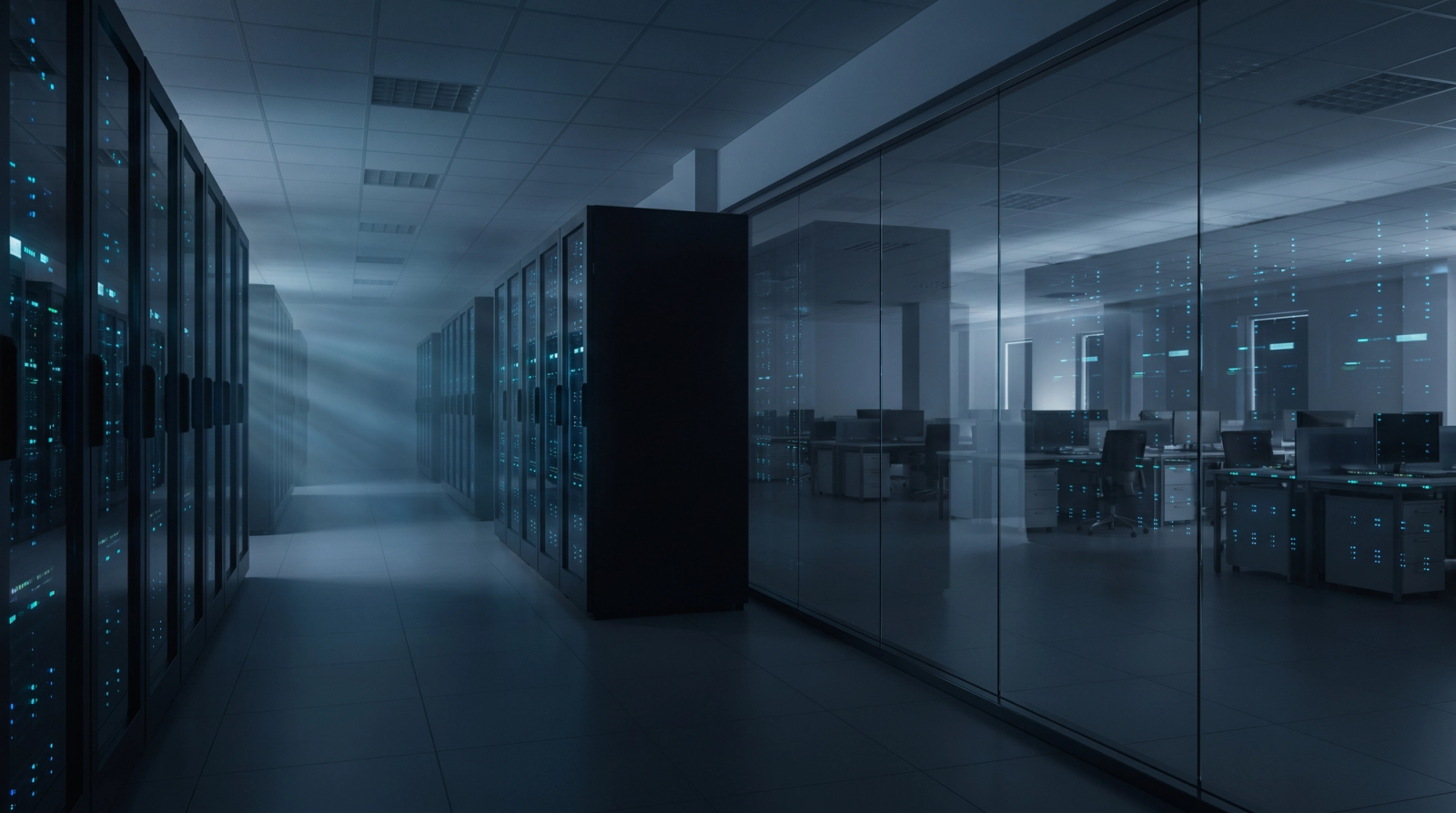 Rows of dark server racks in a private enterprise data center behind a glass wall