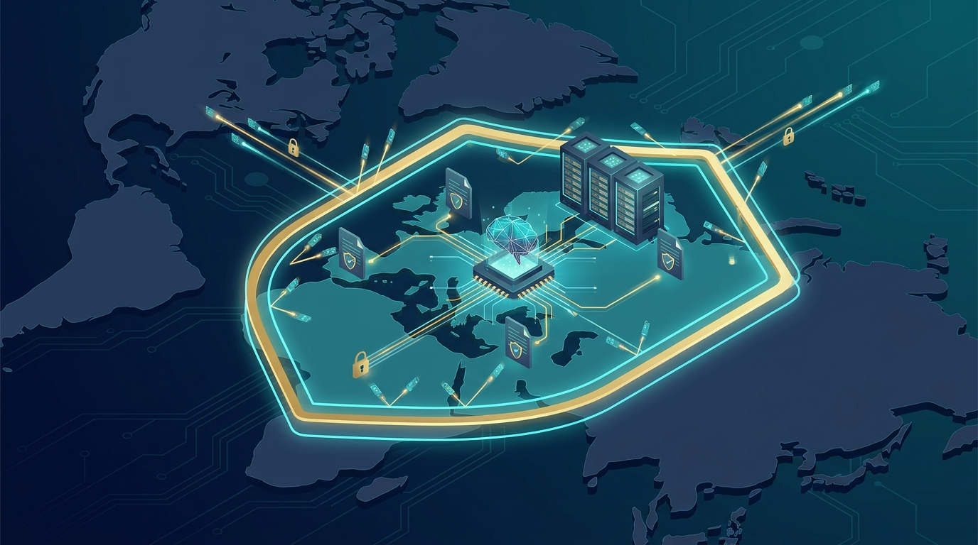 Enterprise AI data held inside a highlighted regional jurisdiction on a world map