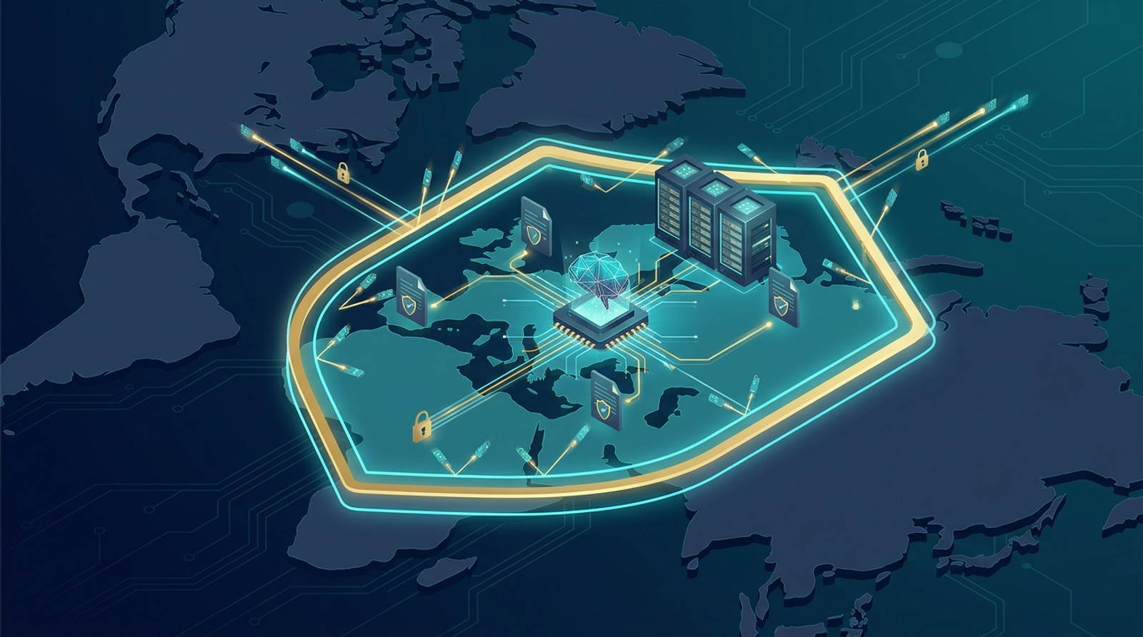 Enterprise AI data held inside a highlighted regional jurisdiction on a world map