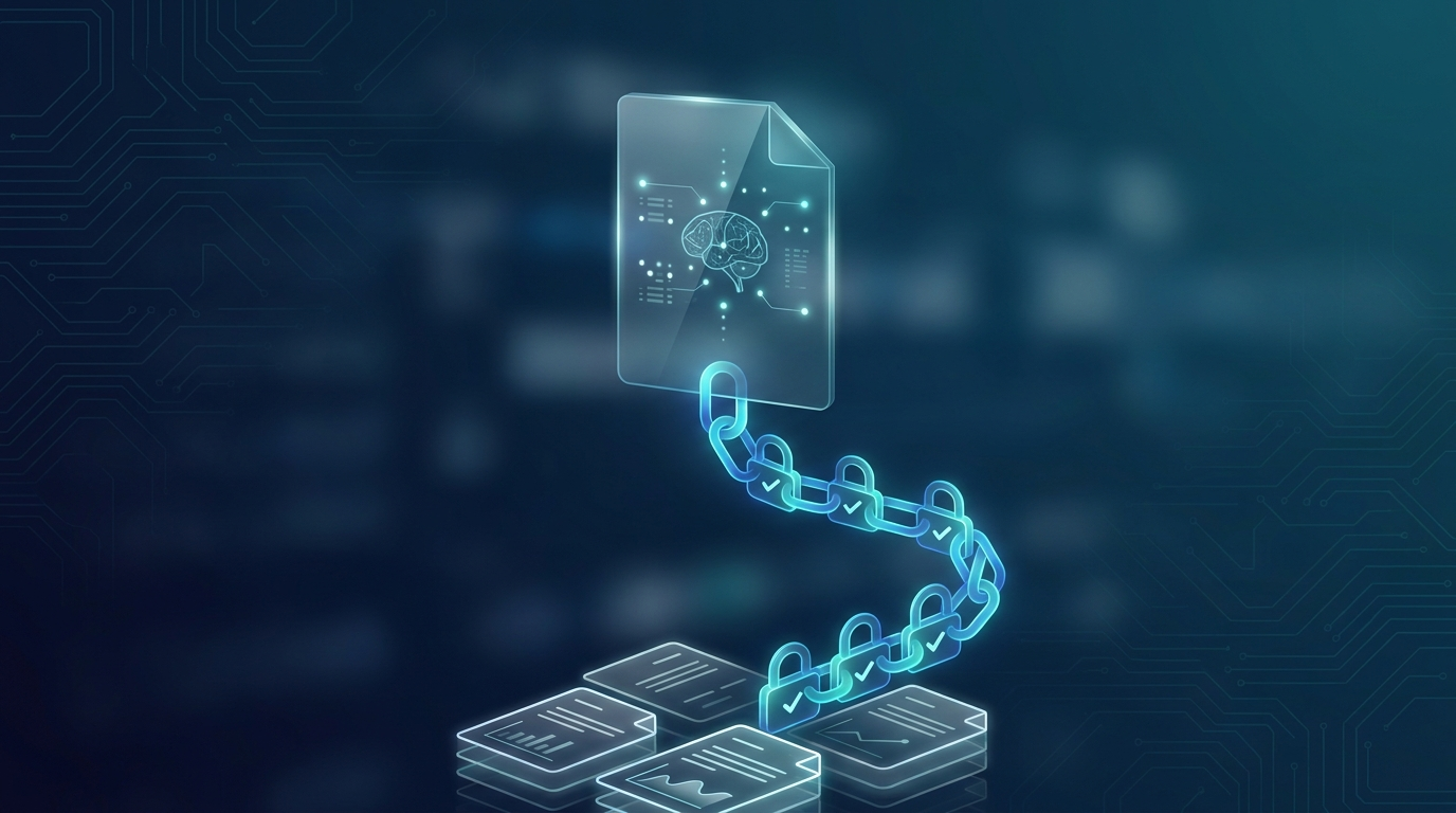 Glass AI decision panel linked by a chain of verified evidence to source documents