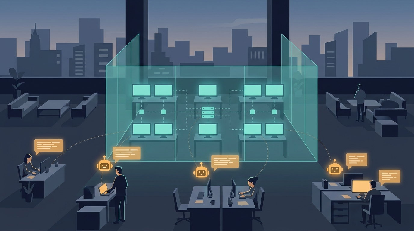 Employees using unauthorized AI chat tools outside a glowing governed enterprise perimeter