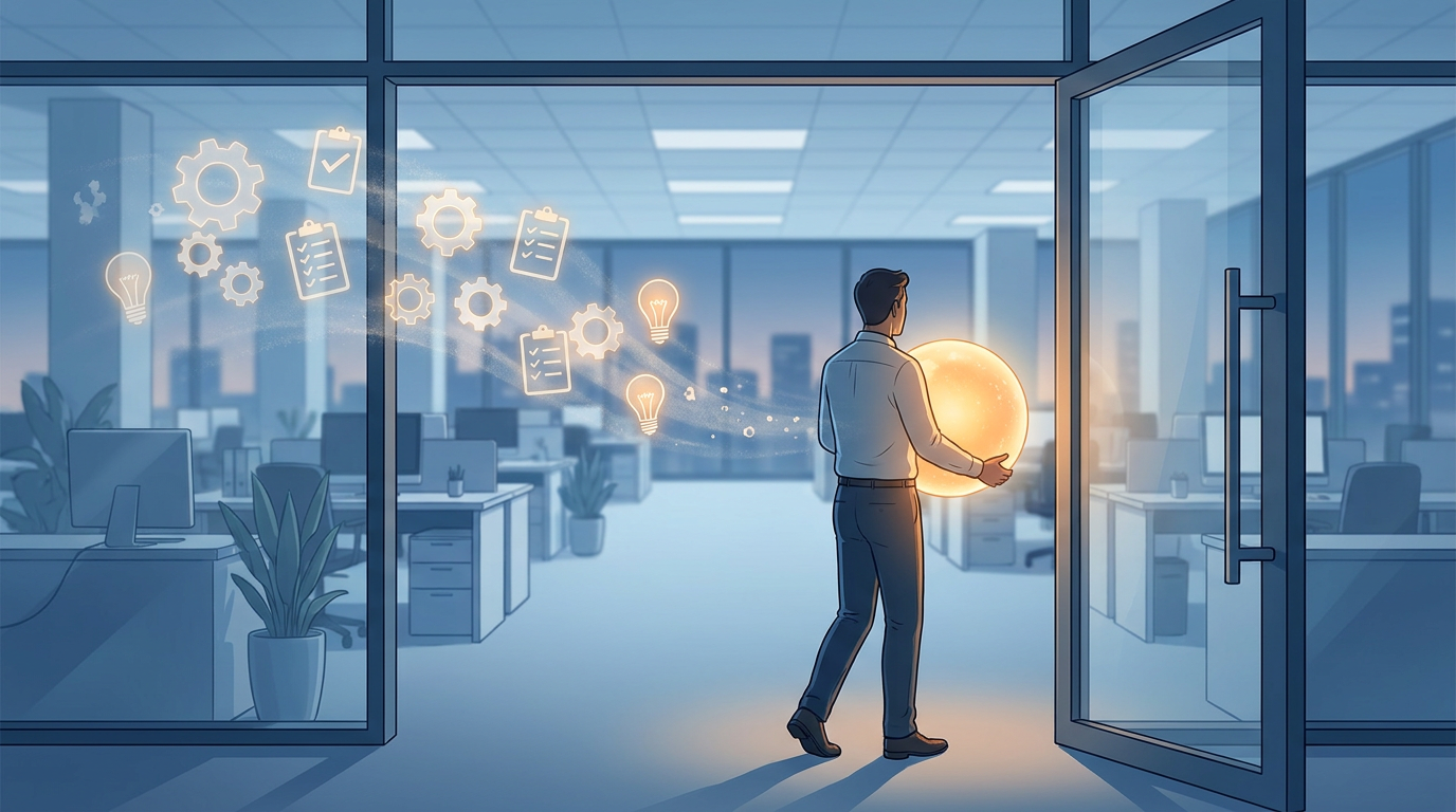 Departing employee carrying a glowing orb of knowledge out of an office, representing lost tribal knowledge