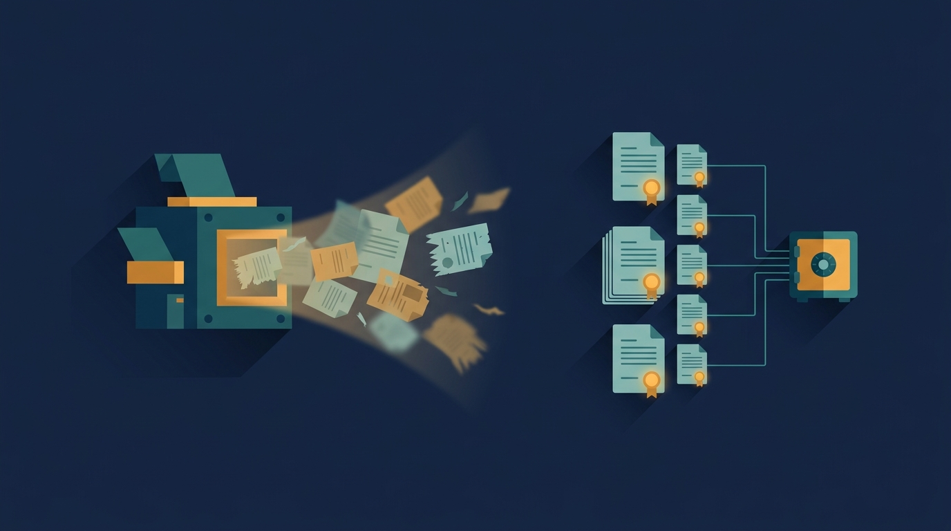 Split illustration contrasting chaotic ungoverned AI documents with verified, audited responses
