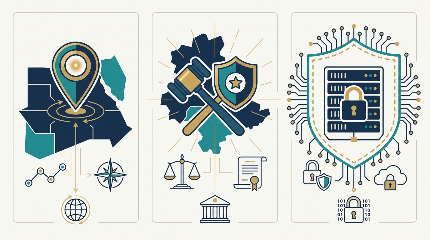 Panels contrasting data residency, data sovereignty, and data localization