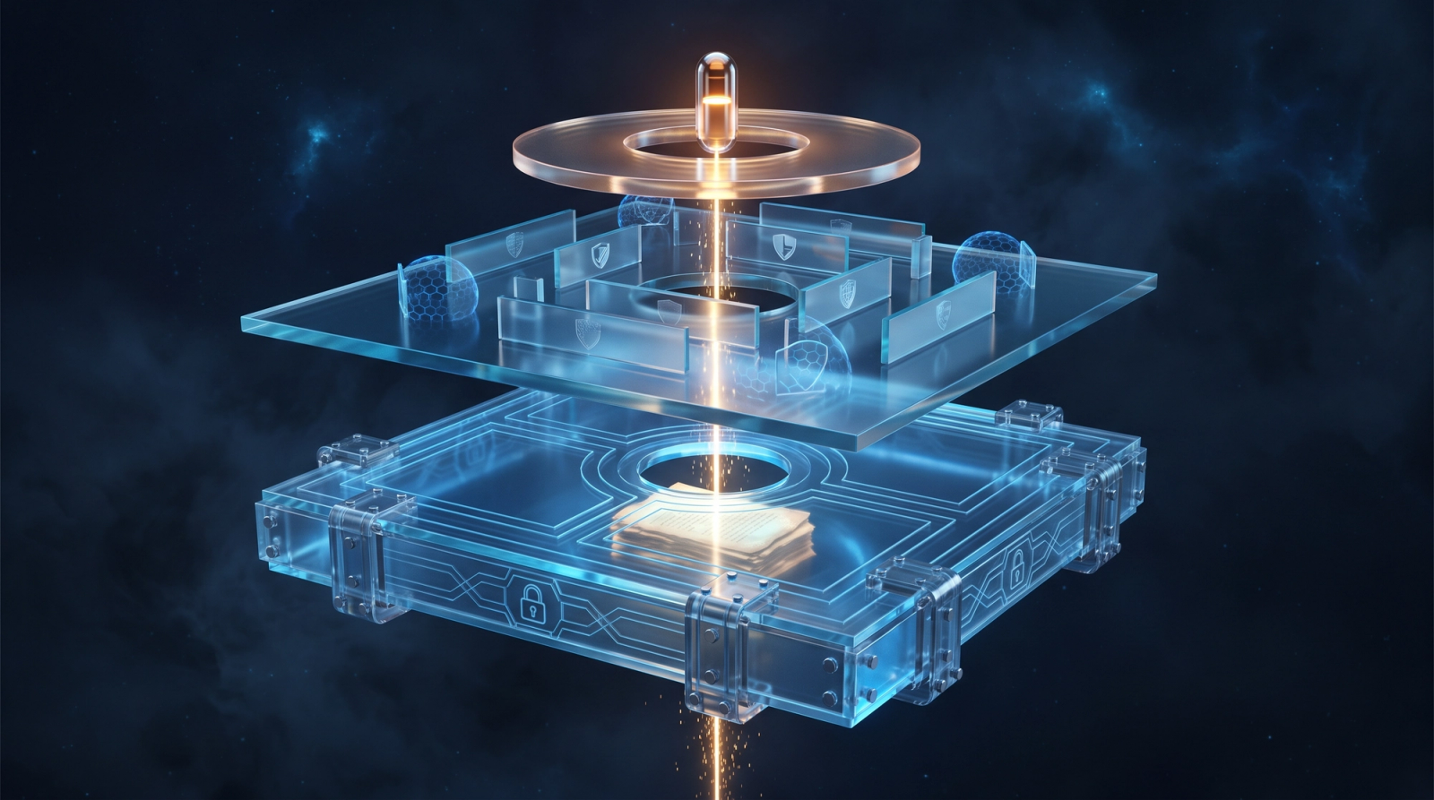 Layered control planes with an answer traced by a glowing thread down through permission gates to source documents