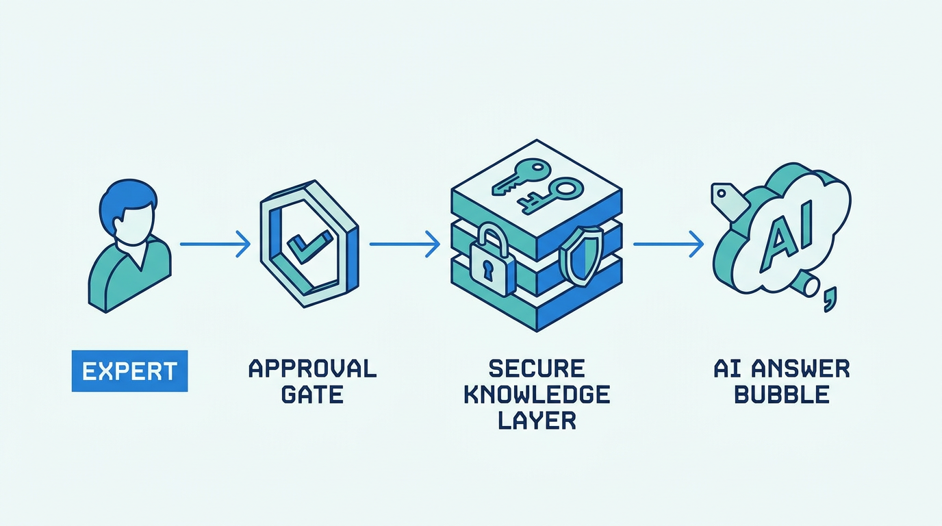 Diagram of captured knowledge becoming approved, access-controlled answers an AI system can cite