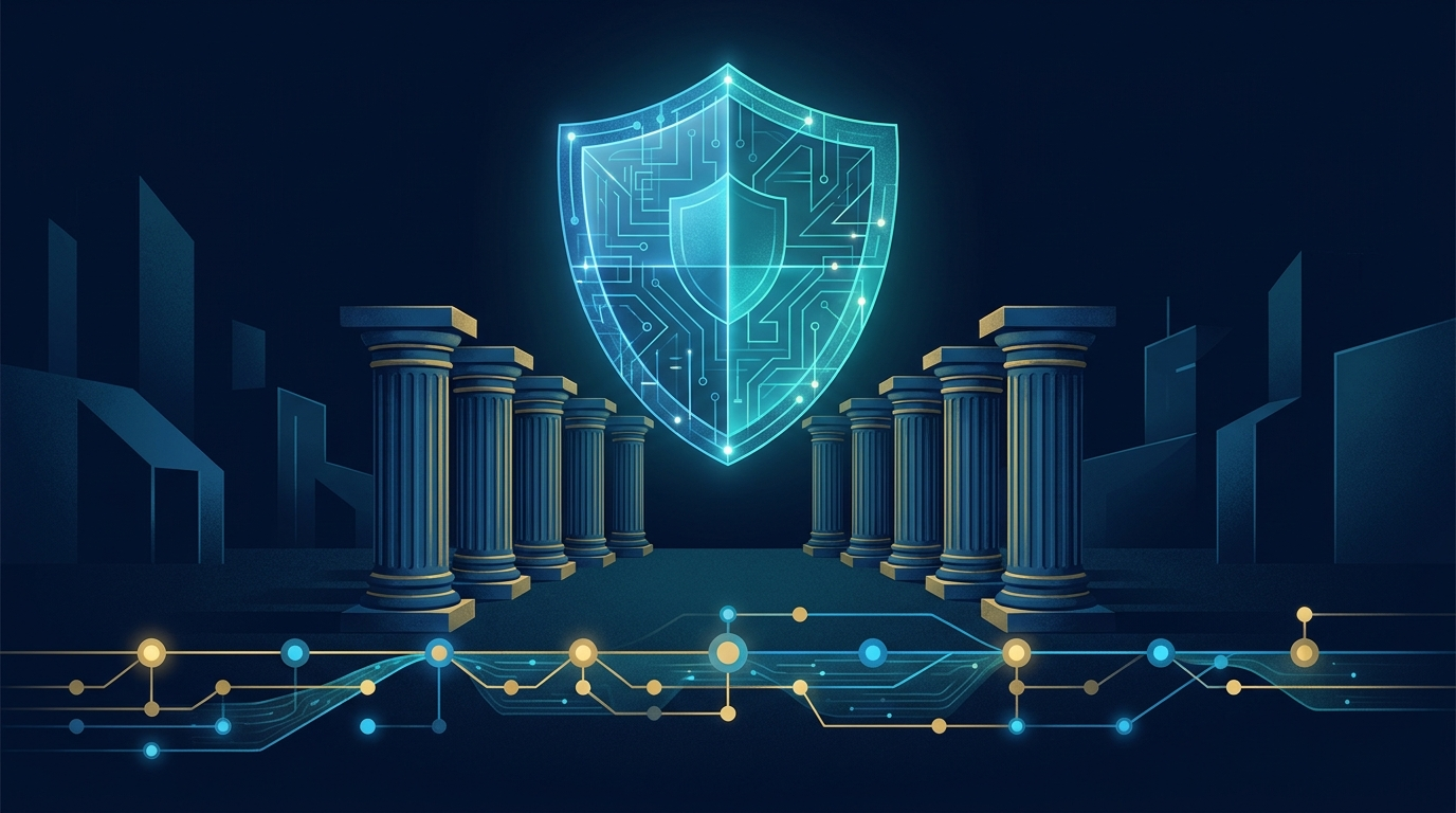 Glowing shield and circuit motif above institutional pillars representing AI risk management