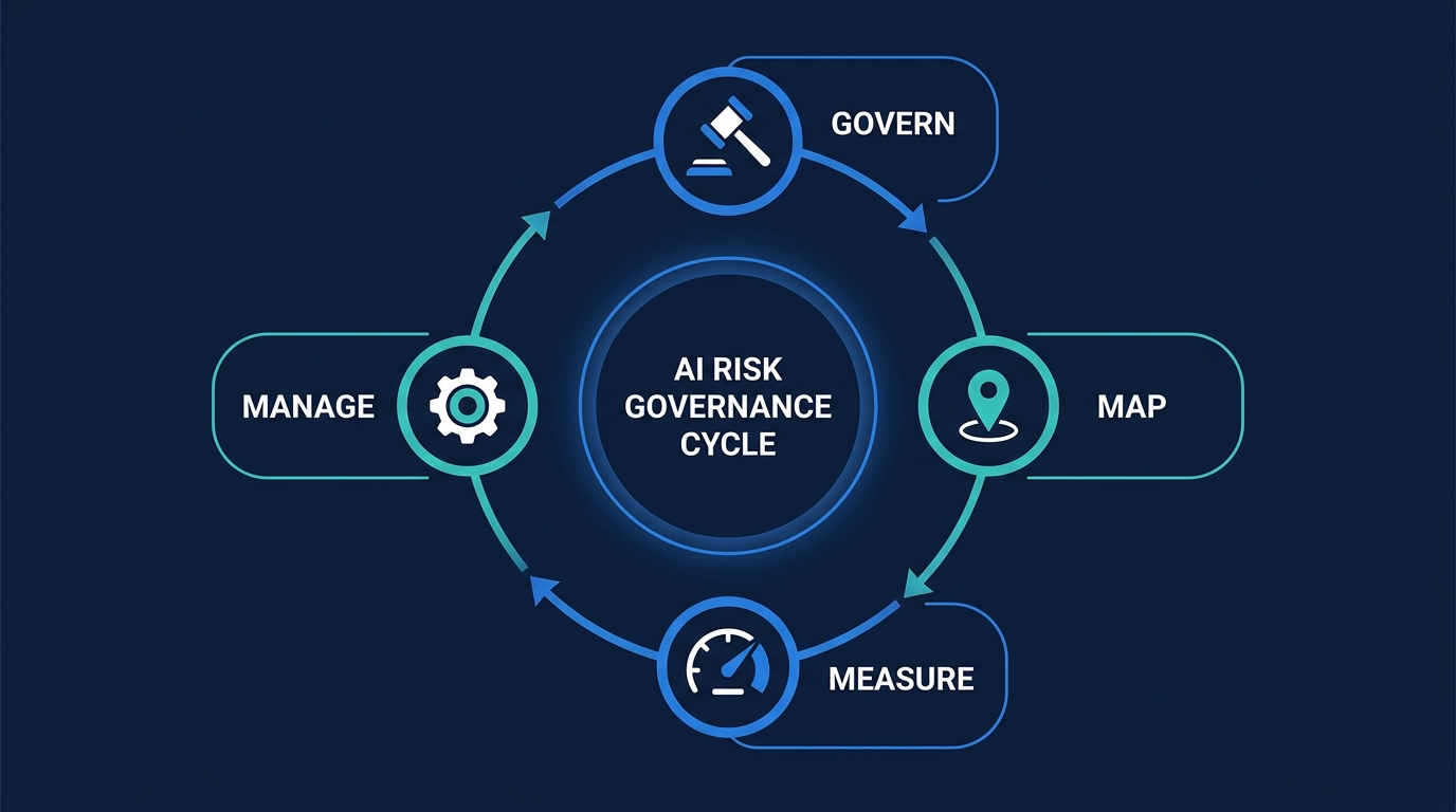 Diagram of the four NIST AI RMF functions Govern, Map, Measure and Manage around a hub