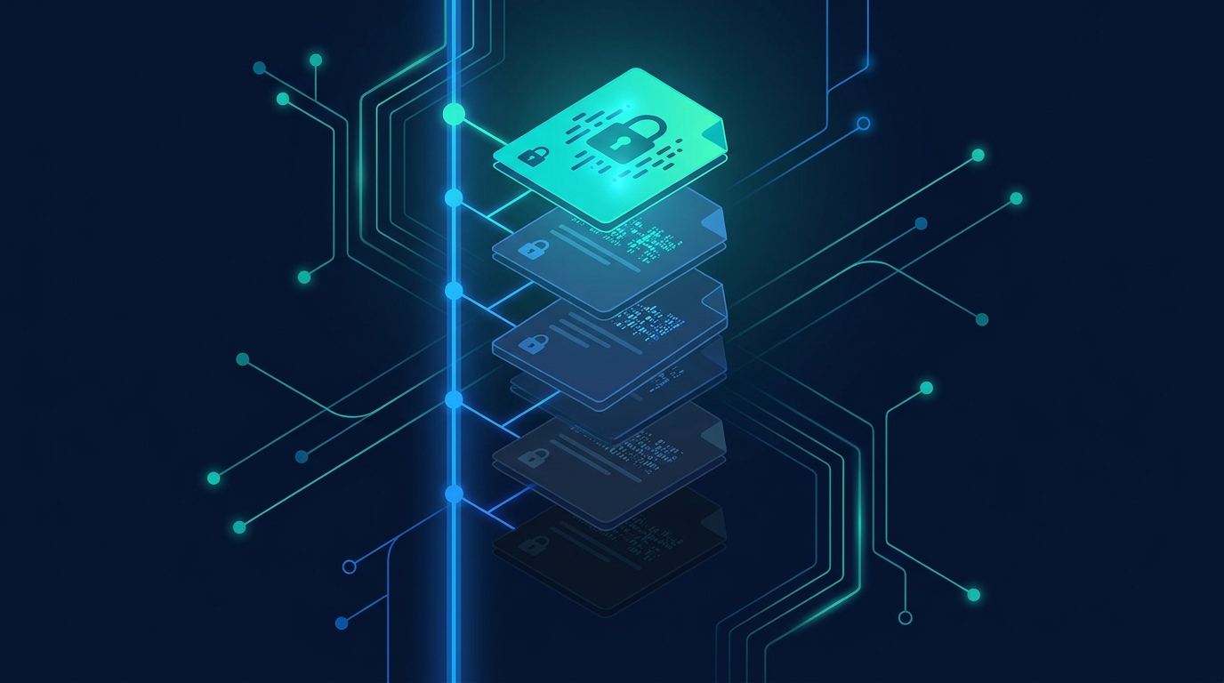 Stacked document versions with lock icons showing immutable AI audit history