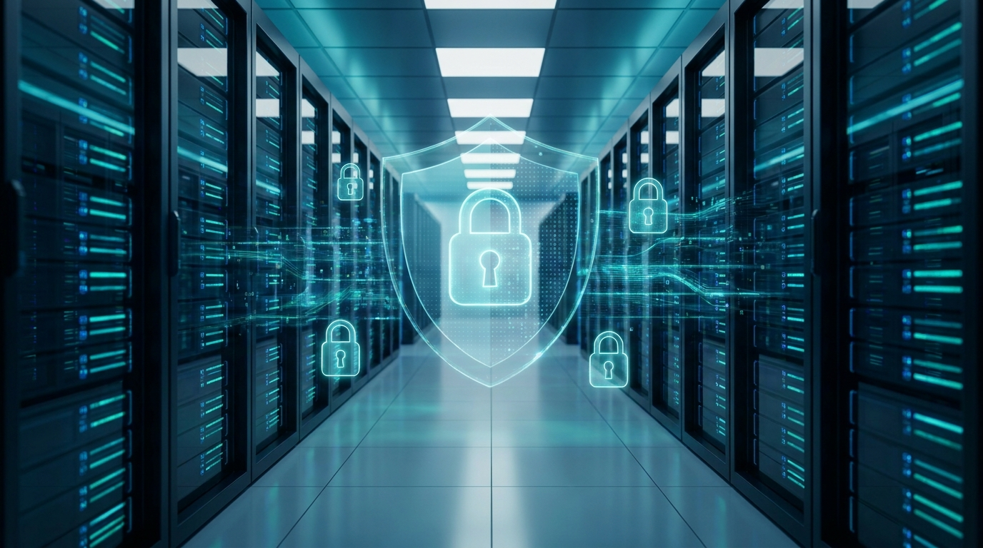 Enterprise server racks behind a translucent digital shield representing AI data security
