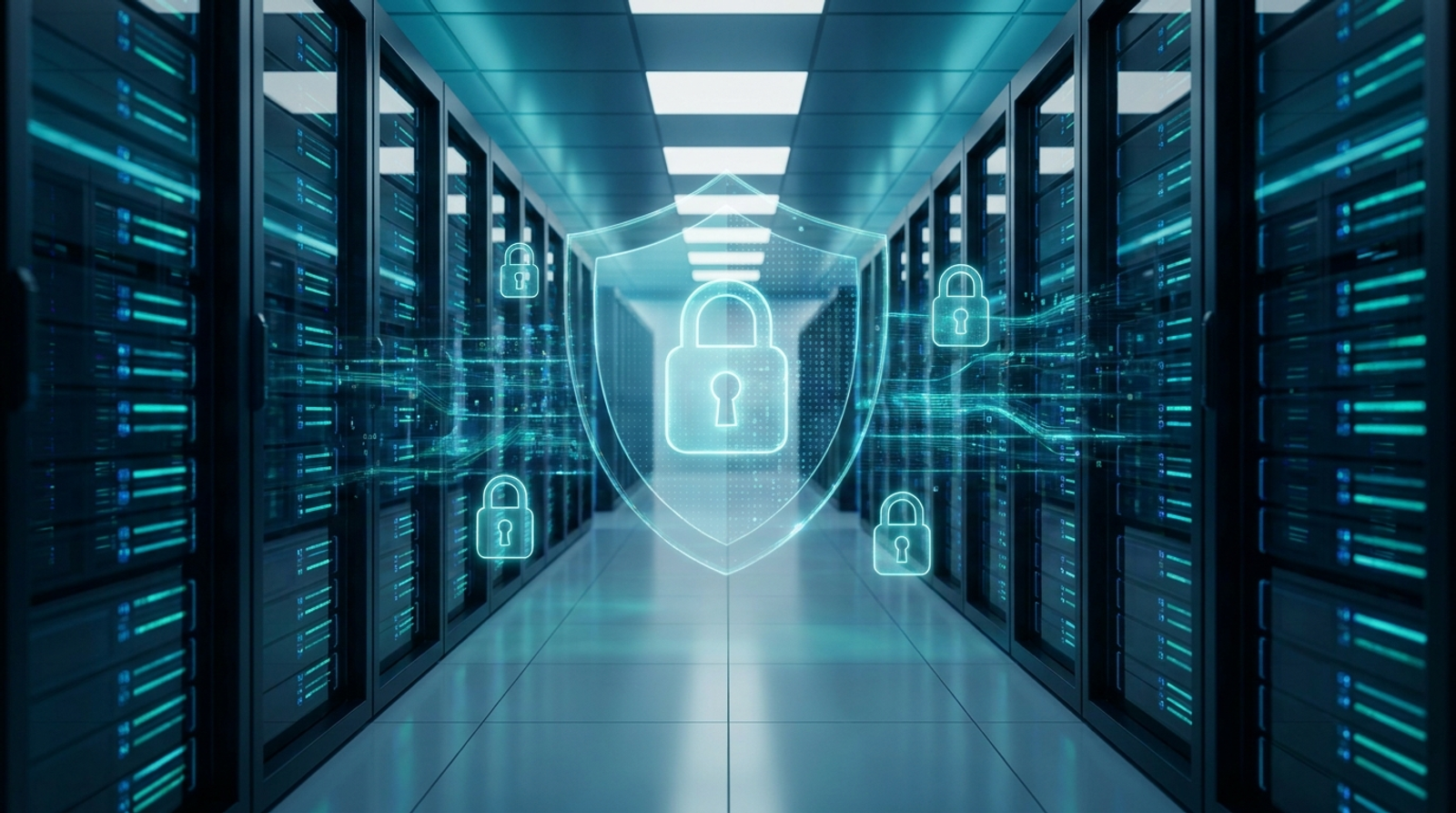 Enterprise server racks behind a translucent digital shield representing AI data security