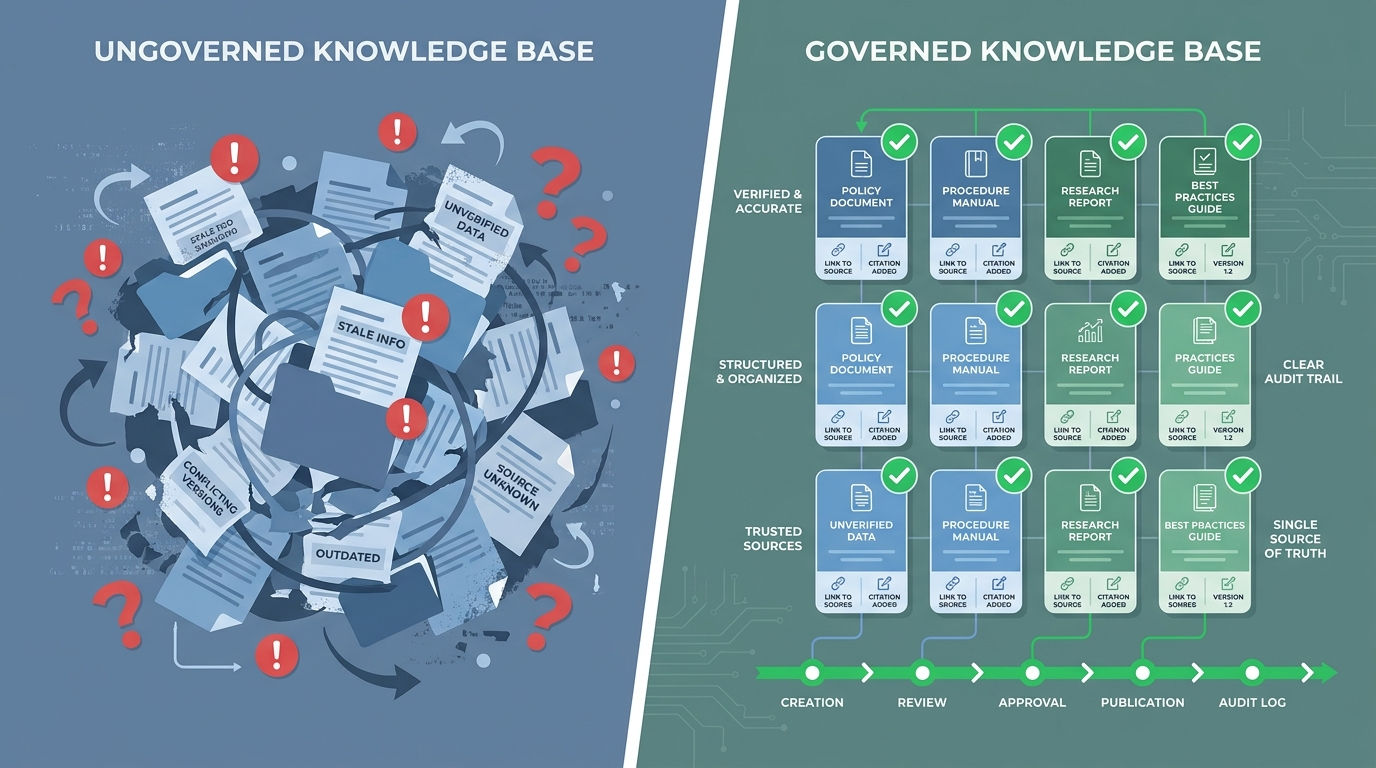 Split-screen comparing a cluttered ungoverned knowledge base with an organized governed one