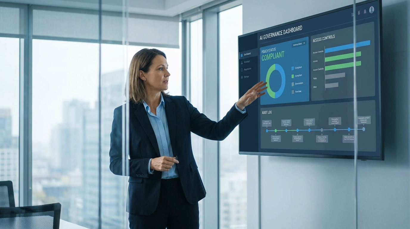 Compliance team reviewing an AI governance dashboard on a large monitor in a modern office