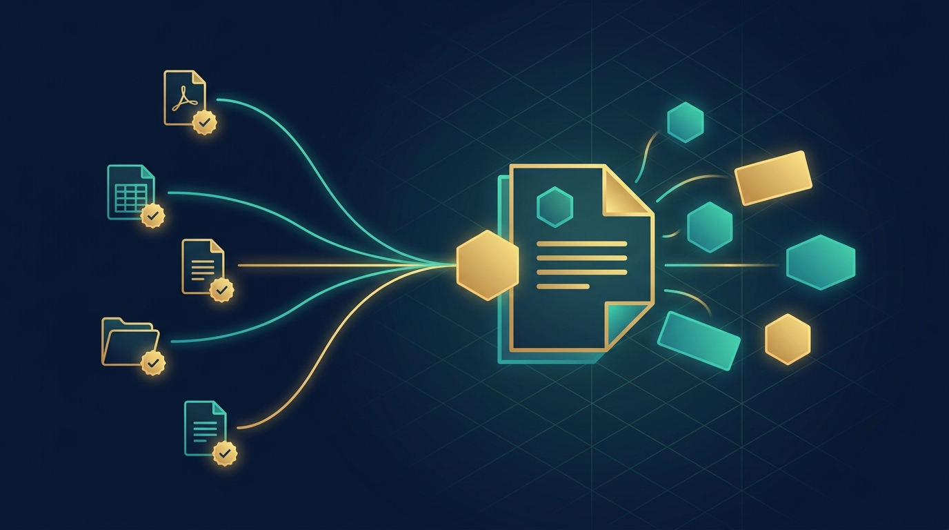 Illustration of an RFP response assembling from knowledge blocks linked to verified sources