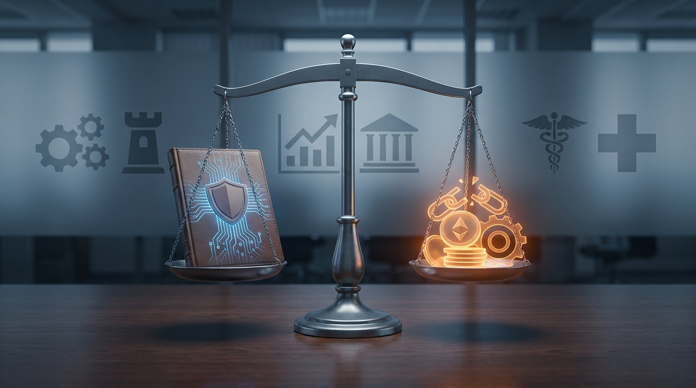 Conceptual scale weighing AI governance controls against regulatory penalty risk
