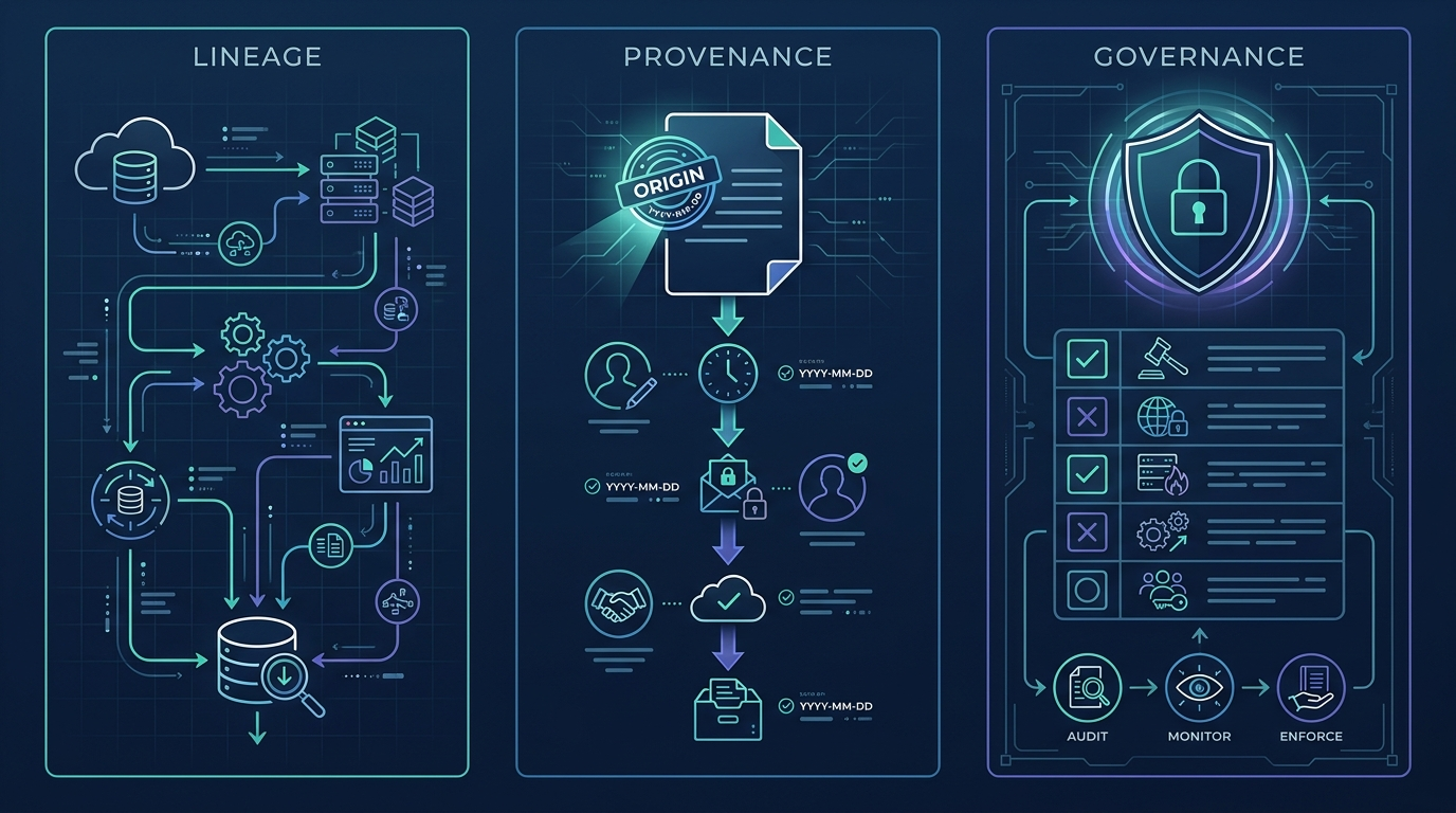 Comparison of data lineage, data provenance, and data governance for AI systems