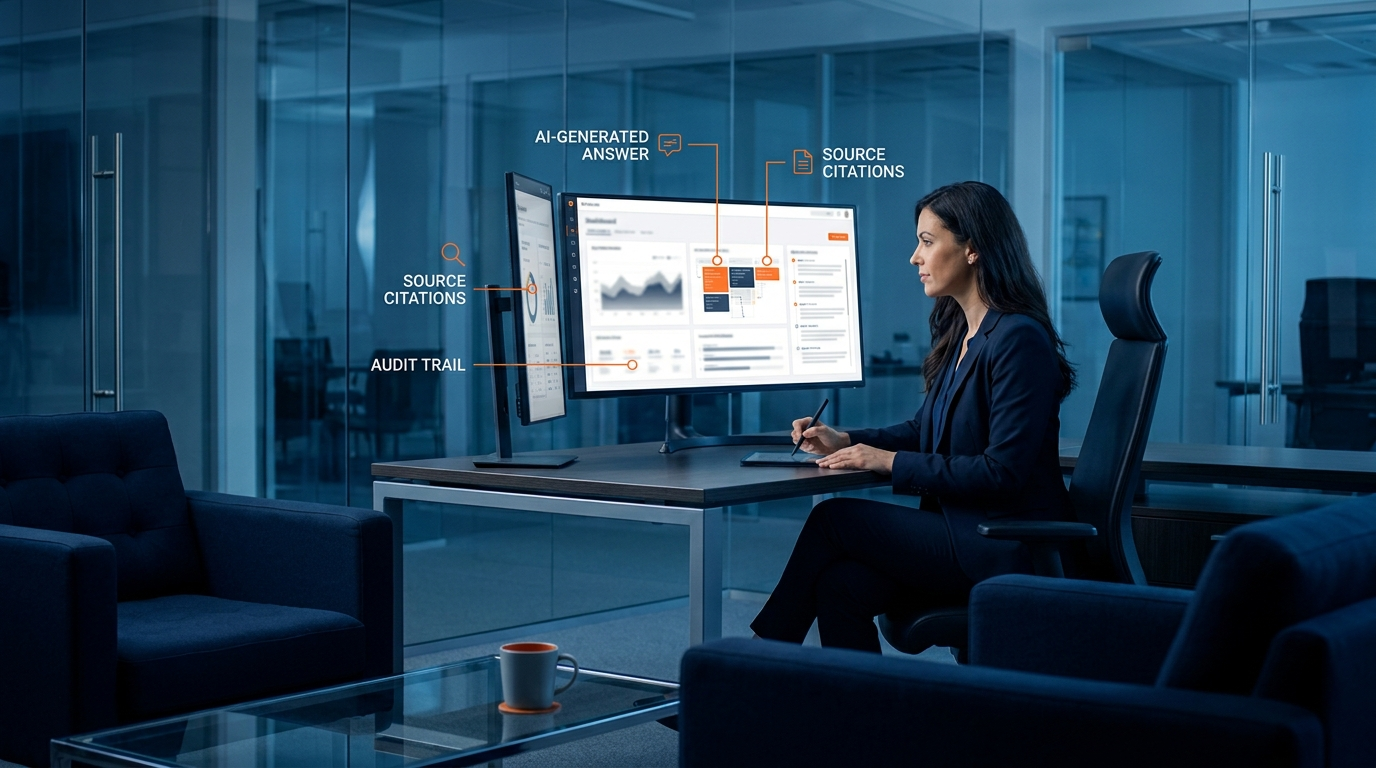 Compliance analyst reviewing an AI answer with source citations and an audit trail on a monitor