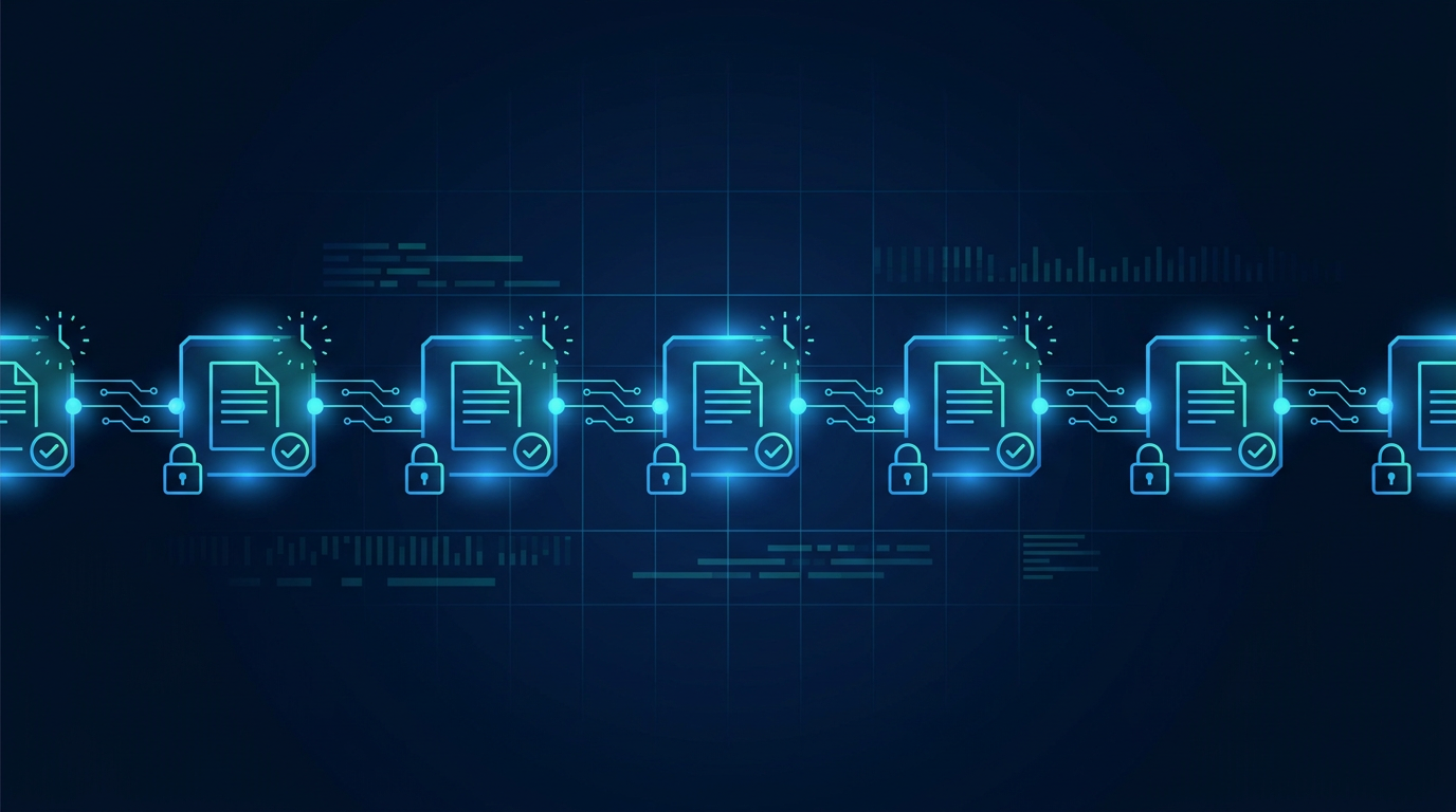 Chain of linked document nodes with timestamps forming an AI audit trail