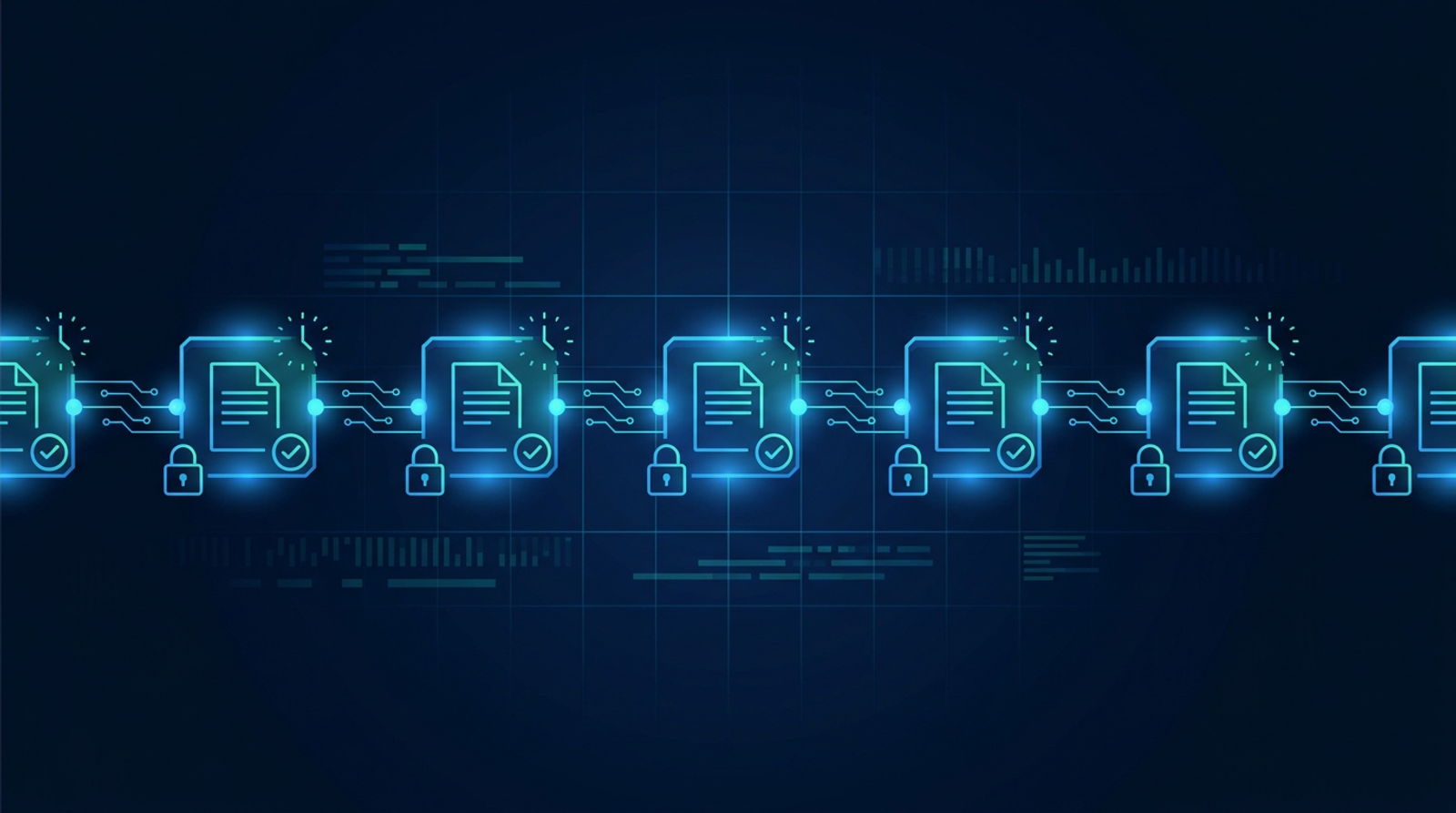 Chain of linked document nodes with timestamps forming an AI audit trail