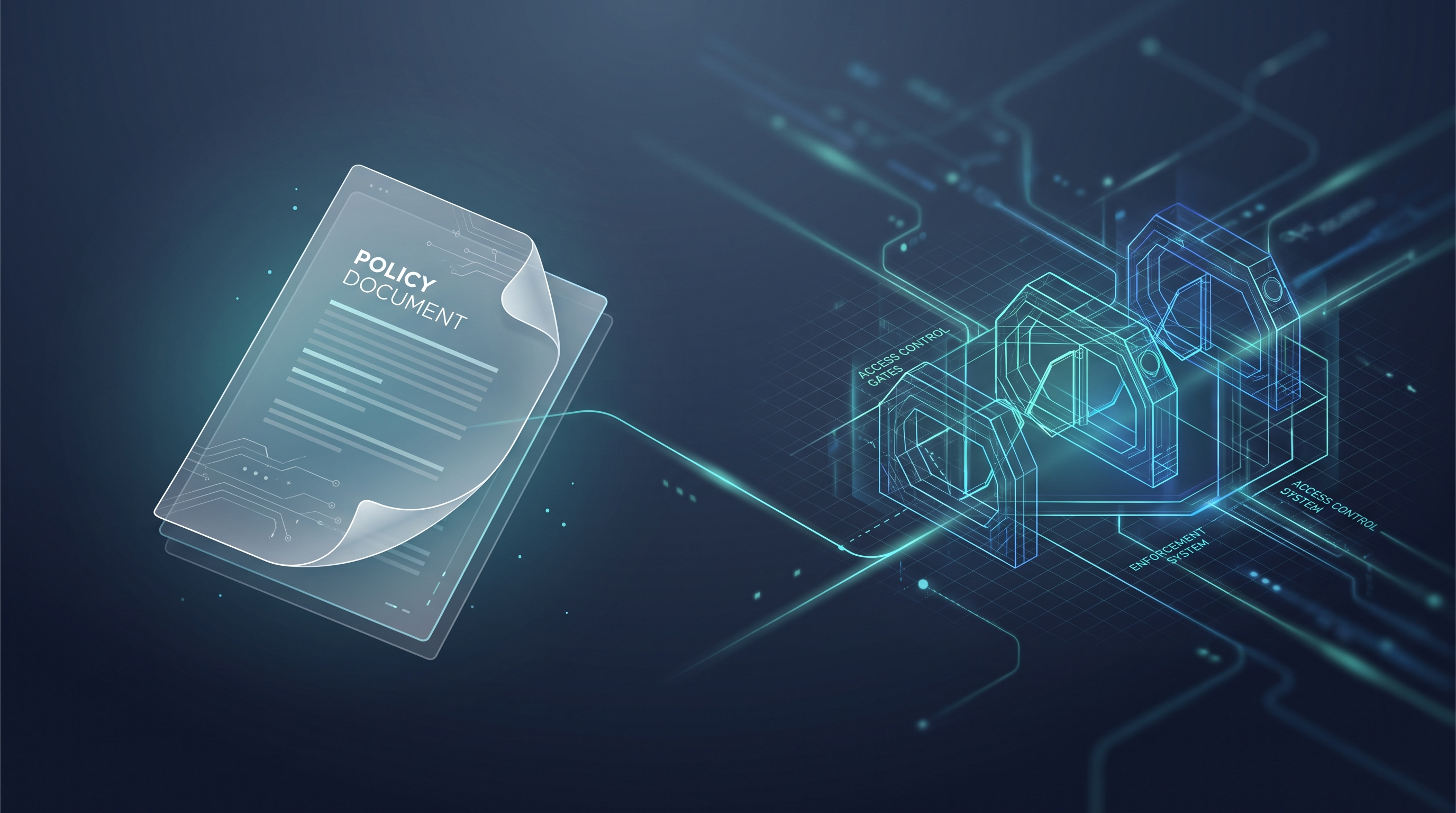 Printed AI acceptable use policy connected to a wireframe of enforced system control gates