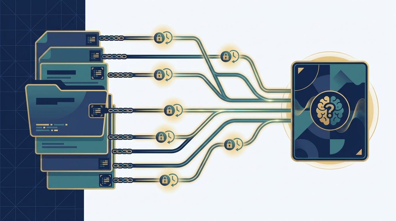 Diagram linking an AI answer back to its source documents with lock icons