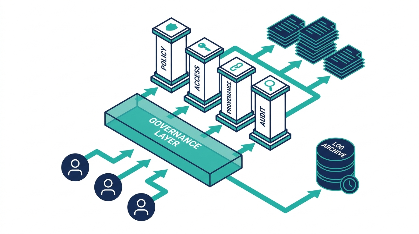 Flow diagram of an AI governance framework connecting policy, controls, and audit evidence