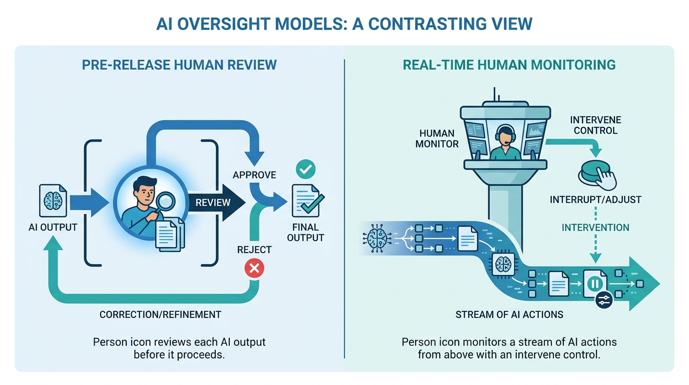Diagram comparing human in the loop and human on the loop AI oversight models