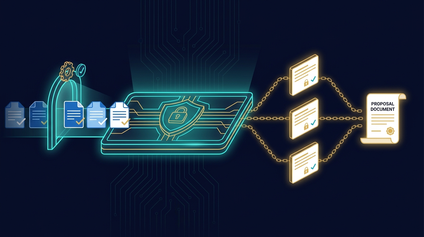 Diagram of a governed knowledge layer feeding RFP answers with an immutable audit trail