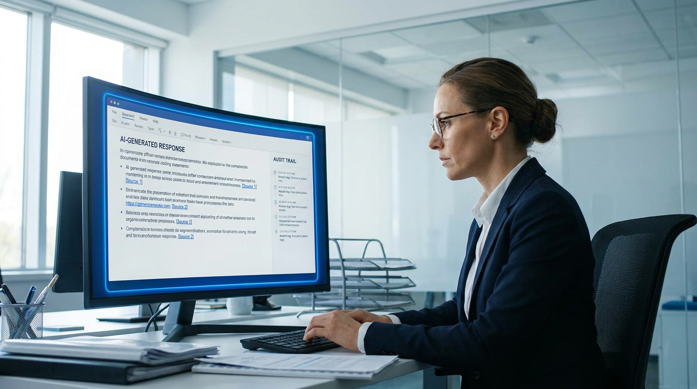 Compliance officer reviewing an AI answer with source citations and an audit trail on screen