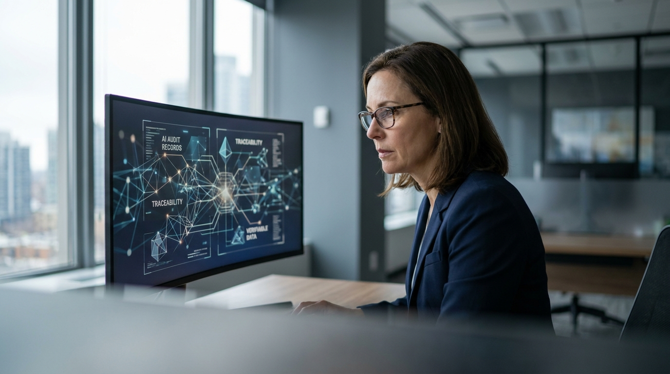 Compliance officer reviewing an AI audit dashboard of verifiable records on a monitor in an office
