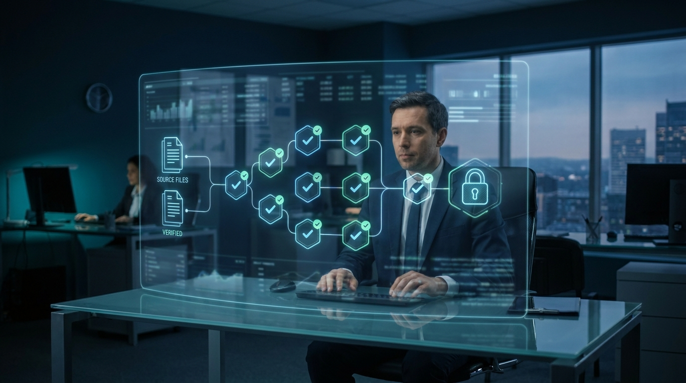 Compliance analyst reviewing a holographic audit trail linking answers to verified source files