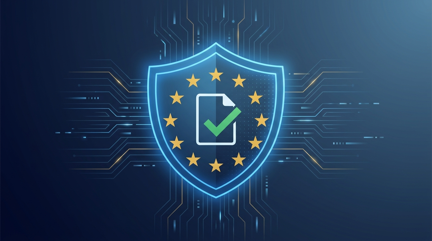 EU AI Act compliance shield with EU stars over a regulated AI system