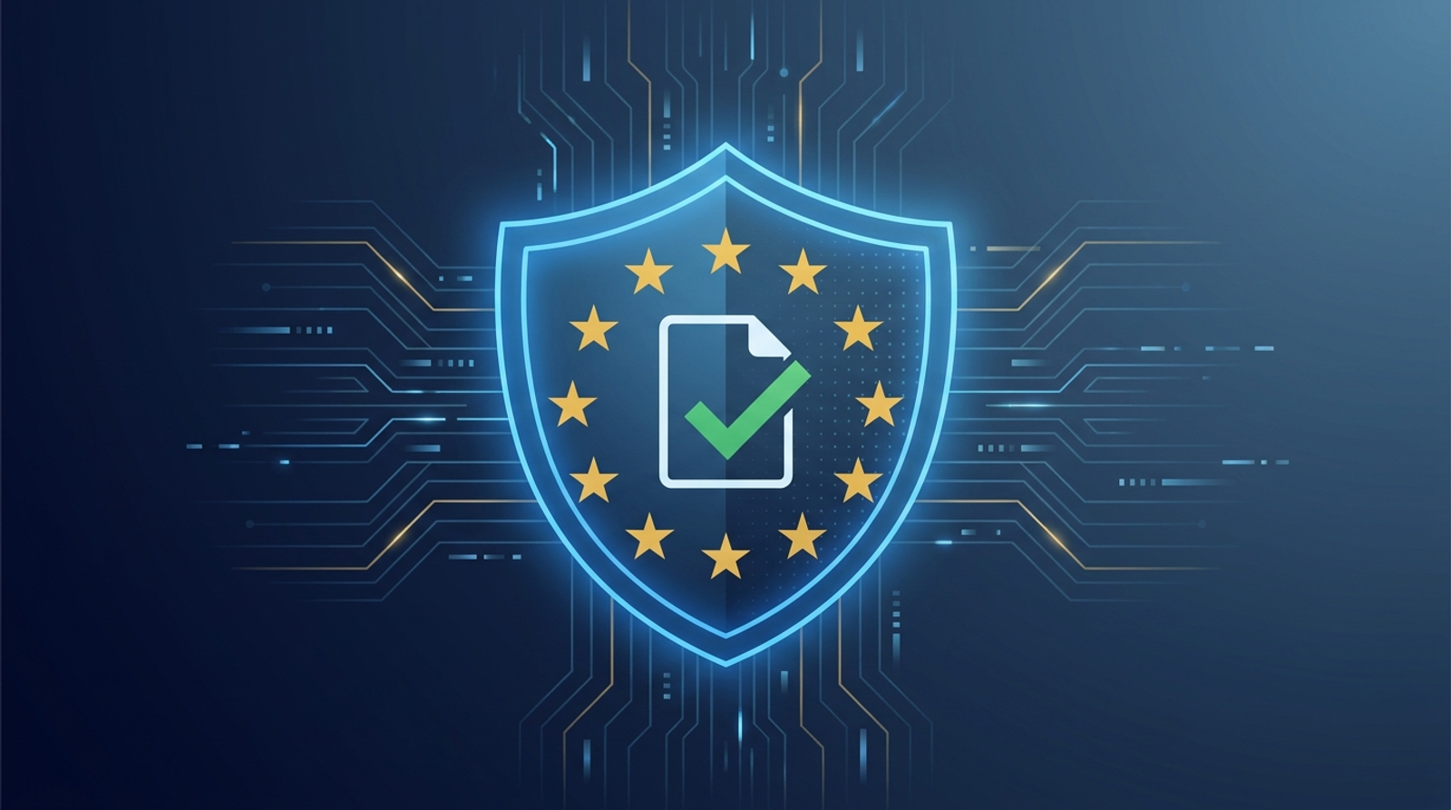 EU AI Act compliance shield with EU stars over a regulated AI system