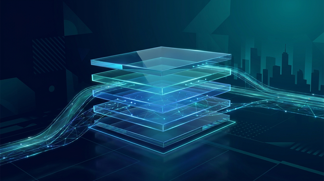 Layered blueprint of an AI governance framework with stacked controls and data pathways