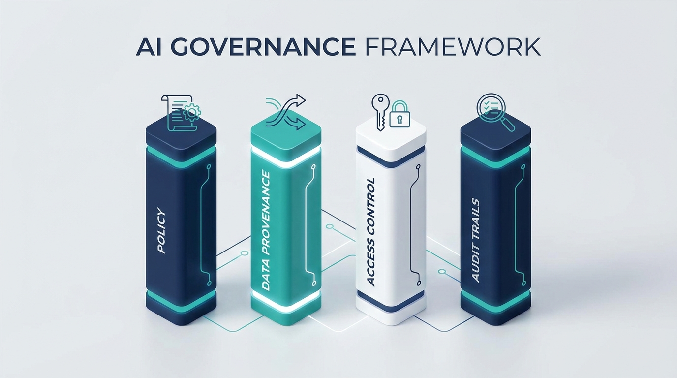 Four pillars of an AI governance framework: policy, provenance, access control, and audit trails