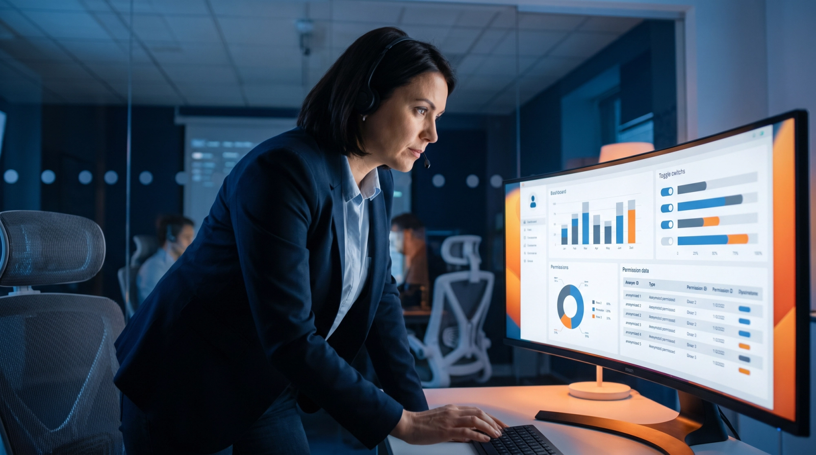 Analyst reviewing a dashboard of scoped, purpose-limited data access permissions for an AI system