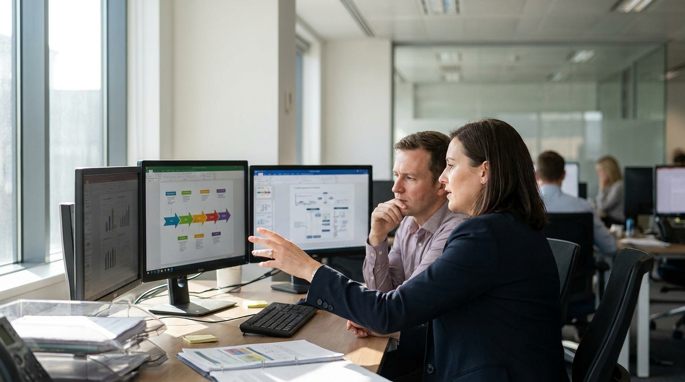 Compliance officer and IT architect reviewing AI audit records on office monitors