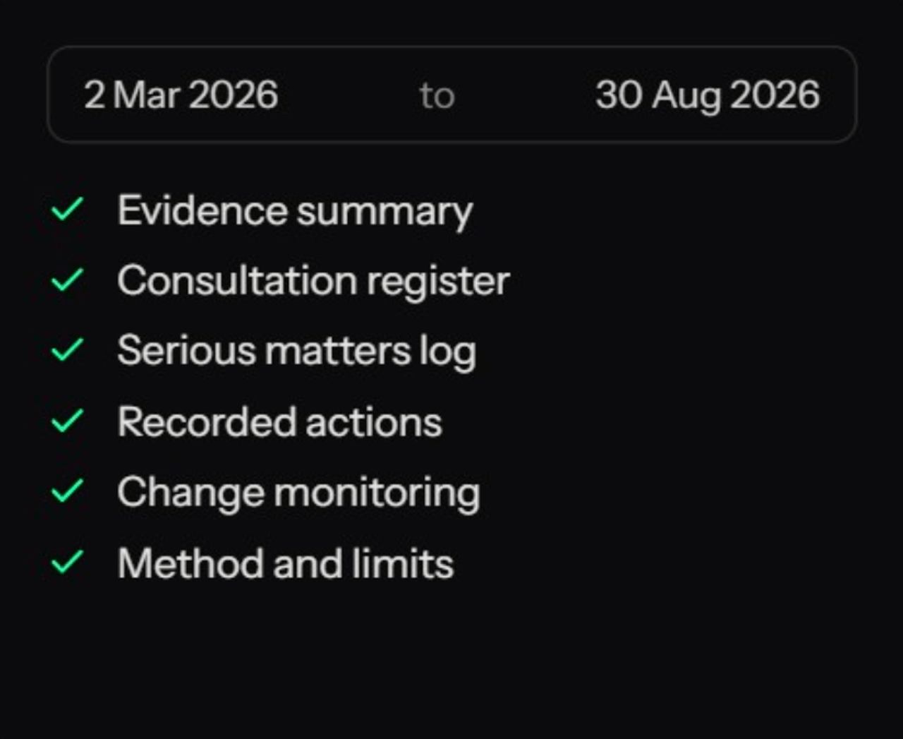Evidence pack, any date range. 