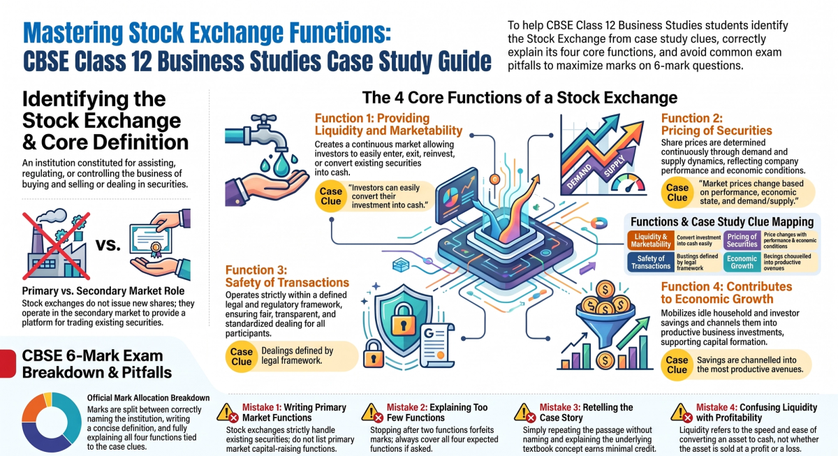 Stock Exchange Functions Class 12: CBSE Business Studies Case Study with Answer — Concept visual breakdown and marking scheme infographic