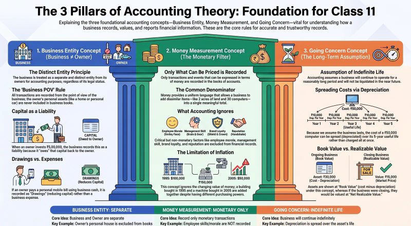 Business Entity, Money Measurement & Going Concern Concepts | Class 11 Accountancy