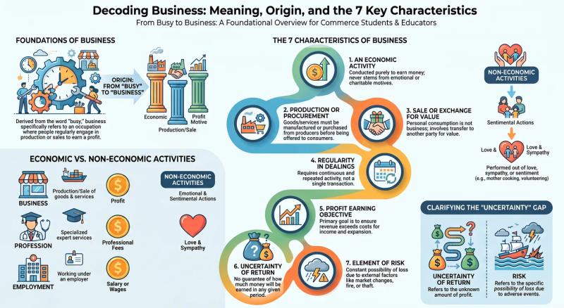 Infographic illustrating the definition of business and 7 key characteristics for Class 11
