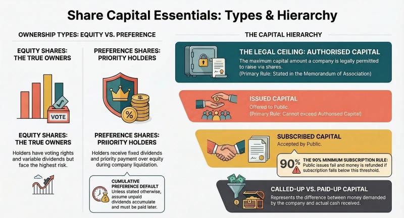Share Capital Explained: Types of Shares & Capital Hierarchy — CBSE Class 12 & CA Foundation — Comprehensive visual summary and infographic