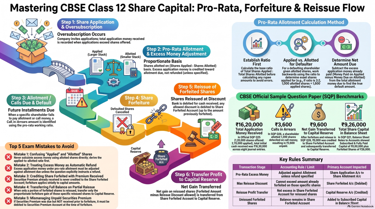 Share Forfeiture, Reissue & Pro-Rata Allotment Class 12: CBSE 2027 Questions — Concept visual breakdown and marking scheme infographic