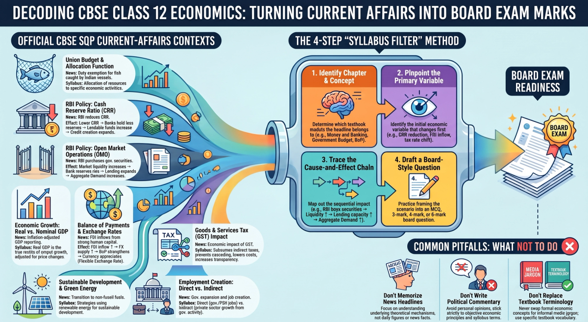 Class 12 Economics Current-Affairs Questions 2027: RBI, GDP, Budget & Green Energy — Concept visual breakdown and marking scheme infographic