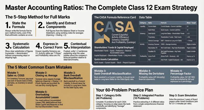 Accounting Ratios Exam Strategy: Complete Formula Sheet, Mistakes & Practice Plan — Class 12 — Comprehensive visual summary and infographic