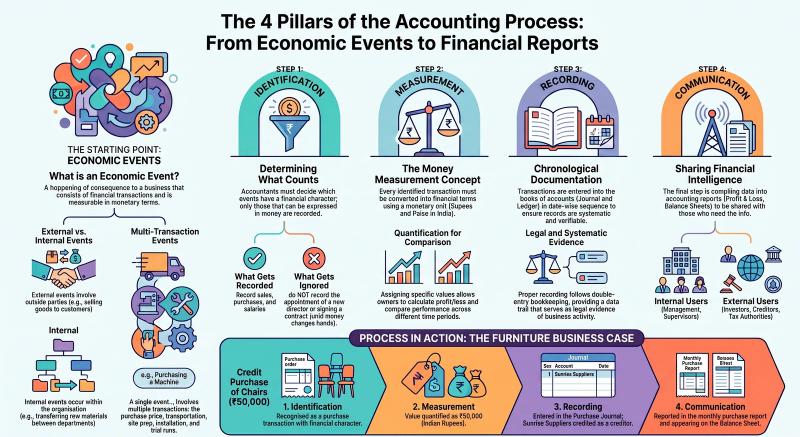 Identification, Measurement, Recording & Communication in Accounting – Class 11 CBSE — Comprehensive visual summary and infographic