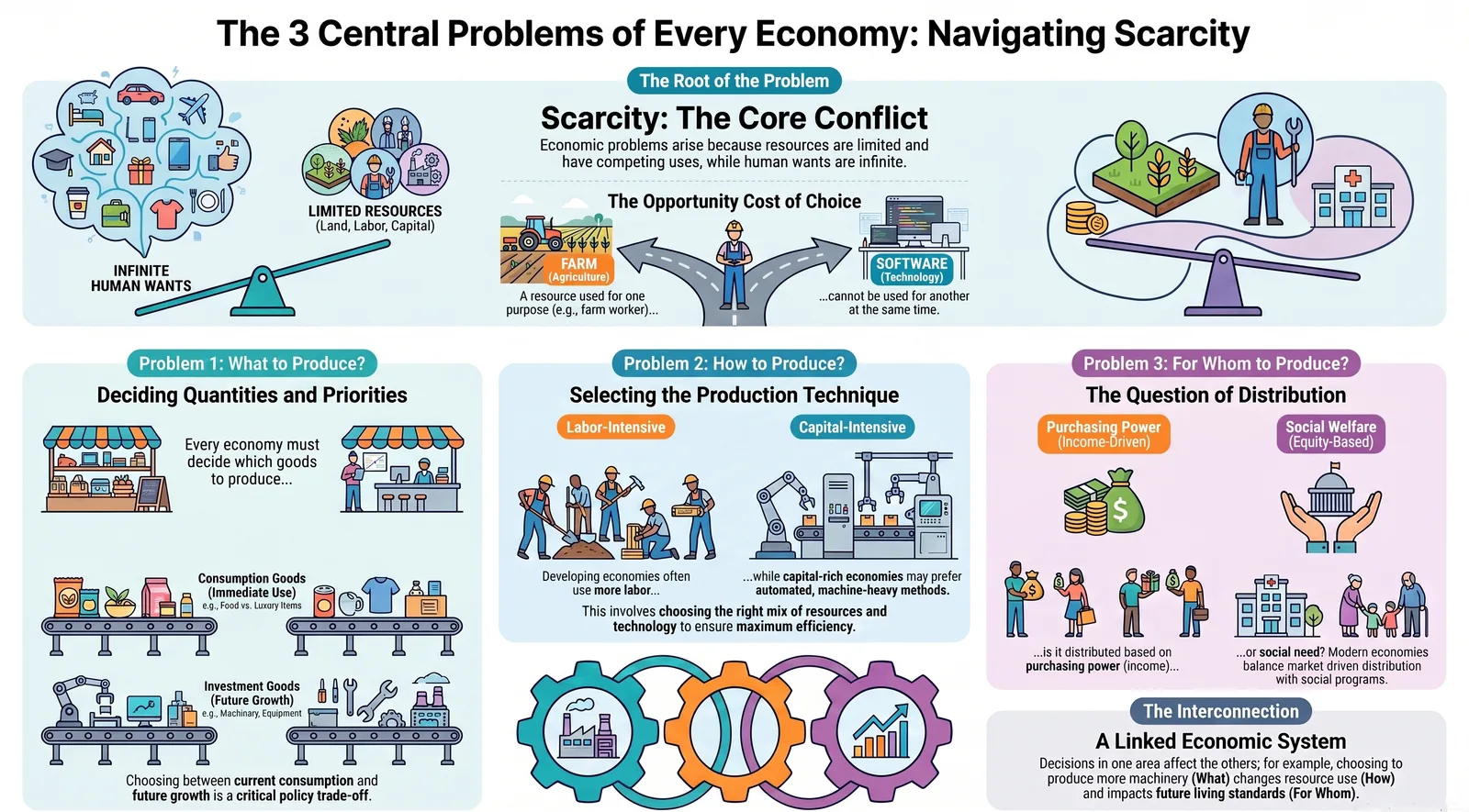 Central Problems of an Economy Explained: What, How & For Whom — Comprehensive visual summary and infographic