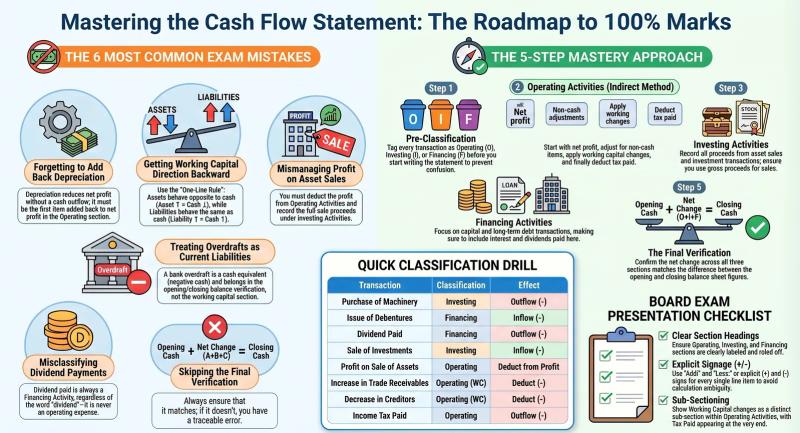 Cash Flow Statement Exam Strategy: Common Mistakes, Board Tips & Practice Plan — Class 12 — Comprehensive visual summary and infographic