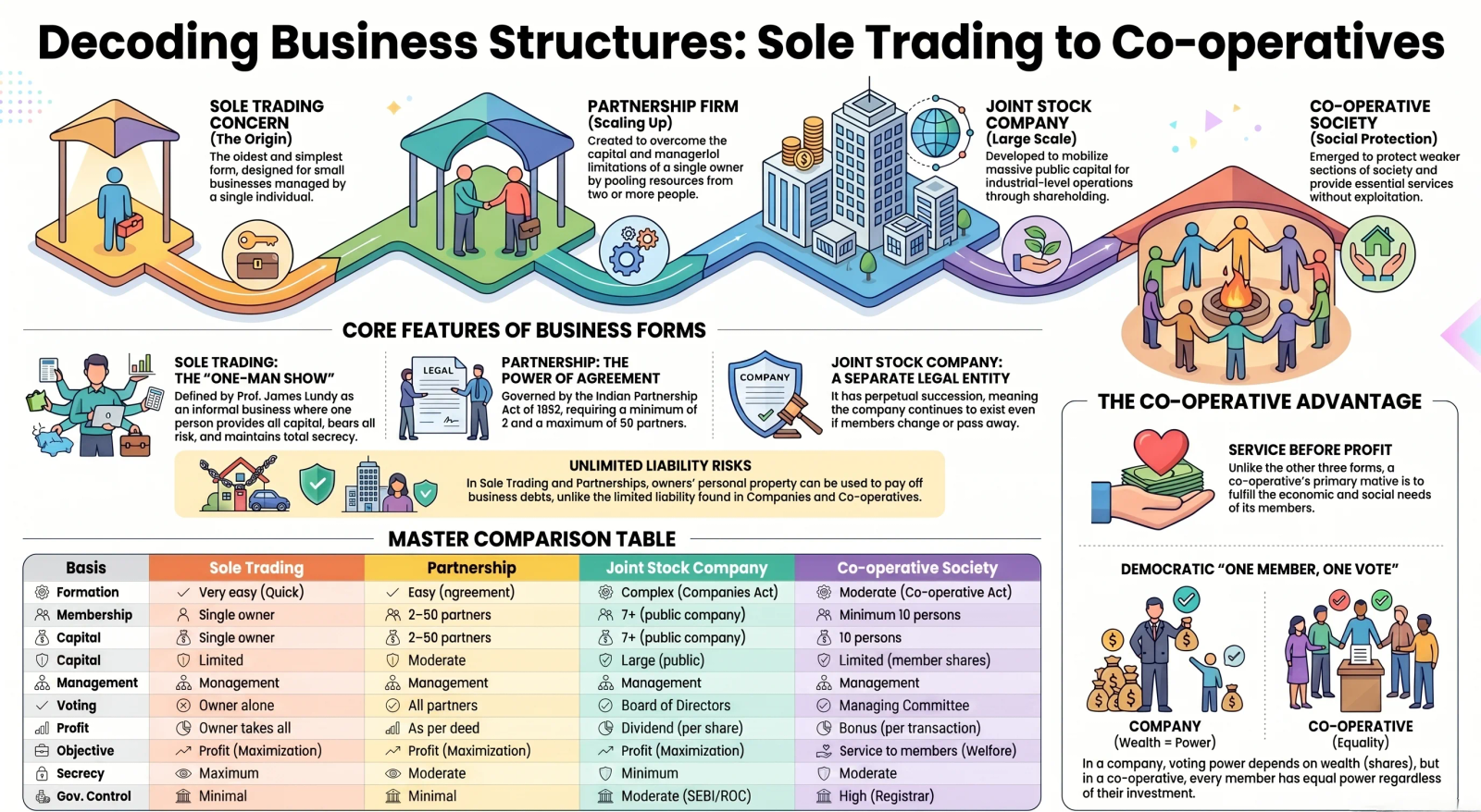 Comparative Study of Business Organisations Class 11 – Sole Trading, Partnership, Company and Co-operative