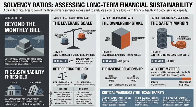 Solvency Ratios: Debt-Equity, Proprietary & Interest Coverage — CBSE Class 12 Accountancy — Comprehensive visual summary and infographic